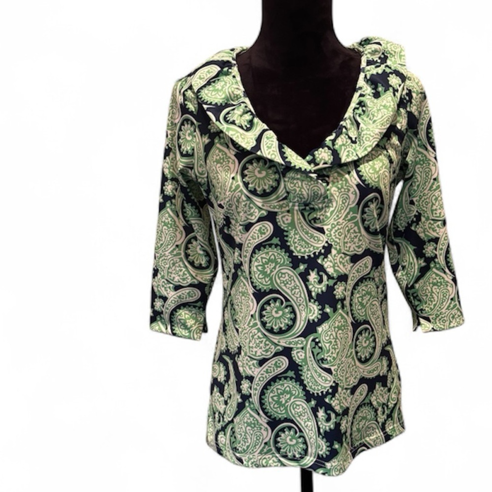 Gretchen Scott 3/4 Sleeve Ruffneck Paisley Blouse Top, Green/Navy,Elegant Chic